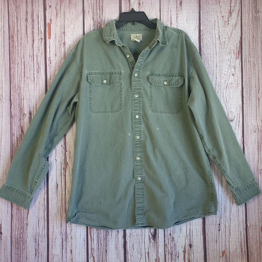 L.L. Bean Mens Large Tall Green Cotton Button Vintage Shirt Y2K Sleeve Pockets